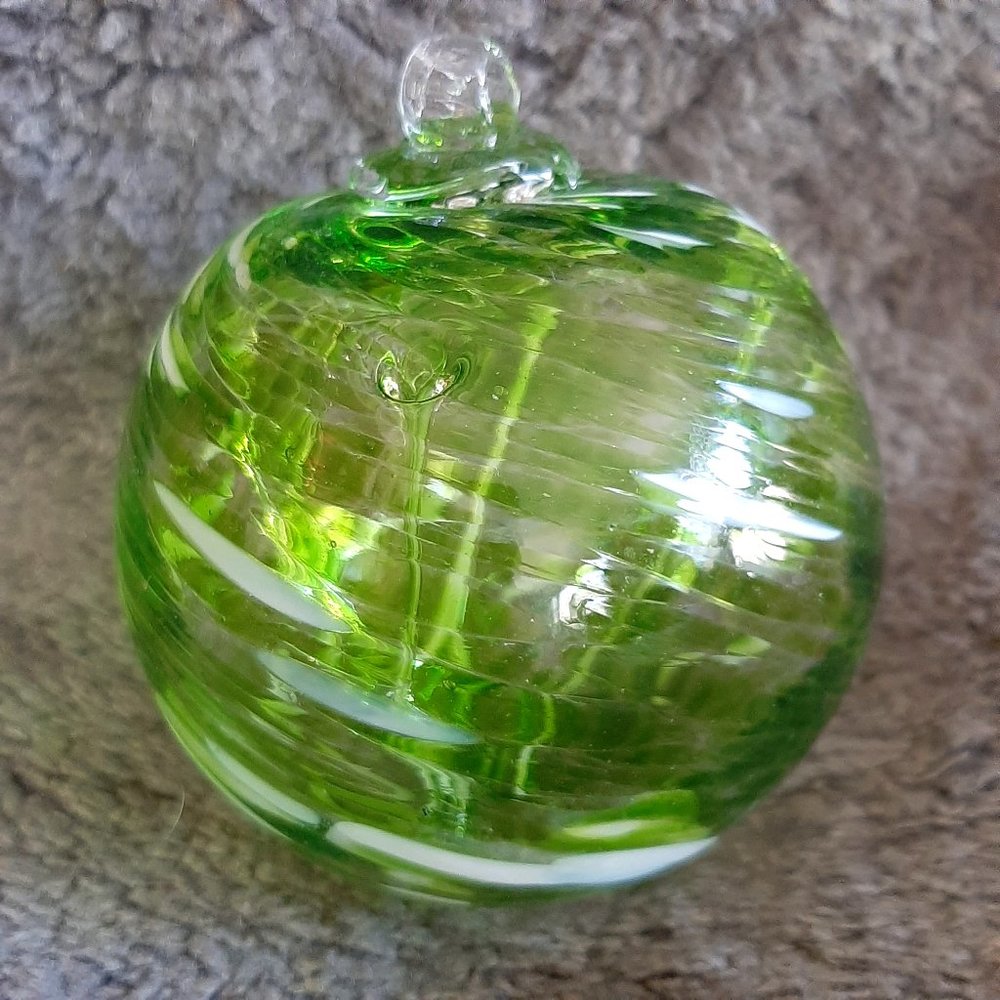 Hanging Glass Ball 4" Diameter Peridot Green & White Witch Ball (1) #114